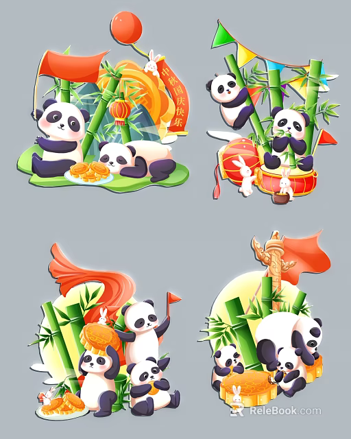 Chinese Style Wall Decor Featuring Cute Pandas Bamboo Lanterns And Drums 3d model 