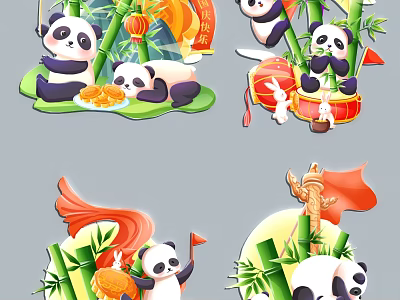 Chinese Style Wall Decor Featuring Cute Pandas Bamboo Lanterns And Drums 3d model