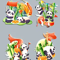 Chinese Style Wall Decor Featuring Cute Pandas Bamboo Lanterns And Drums