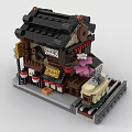 Japanese Traditional Building Blocks Model With Detailed Roof Lanterns And Green Plants