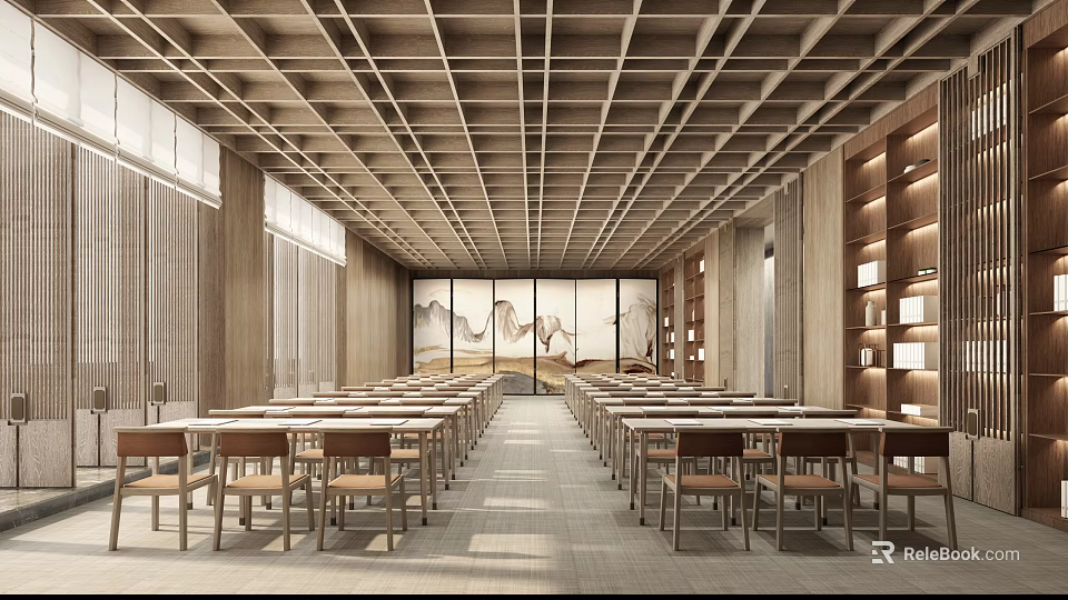 School Library Interior With Wooden Ceiling Arranged Tables Bookshelves And Landscape Screen 3d model 