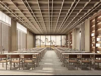 School Library Interior With Wooden Ceiling Arranged Tables Bookshelves And Landscape Screen 3d model