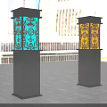 Outdoor Lights Featuring Blue And Yellow Glow With Intricate Cutout Patterns On Urban Lamp Posts 3d model