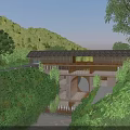 Scenic Garden Landscape With Wooden Arch Bridge Over Calm River And Lush Green Trees