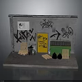 Urban Alleyway Scene With Graffiti Wall Yellow Door Green Trash Bin And Wooden Chairs