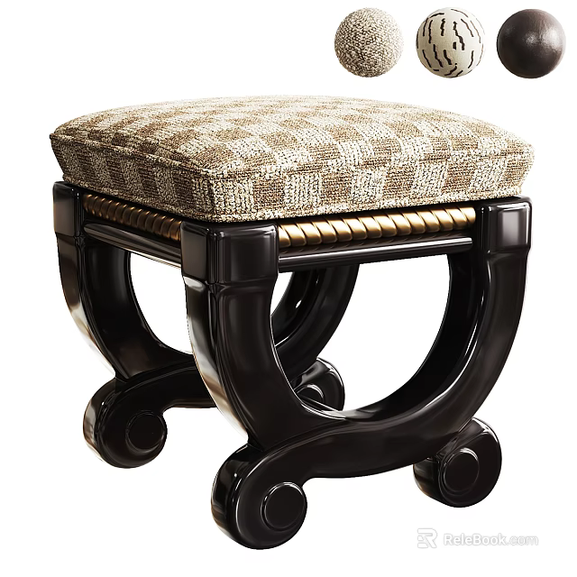Vintage Stool With Black Wooden Frame Gold Trim Curved Legs Casters And Plaid Upholstered Seat 3d model 