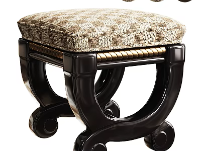 Vintage Stool With Black Wooden Frame Gold Trim Curved Legs Casters And Plaid Upholstered Seat 3d model