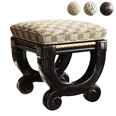 Vintage Stool With Black Wooden Frame Gold Trim Curved Legs Casters And Plaid Upholstered Seat 3d model