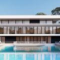 Modern Homestay Building Featuring White Exterior Large Glass Windows Green Lawn And Trees