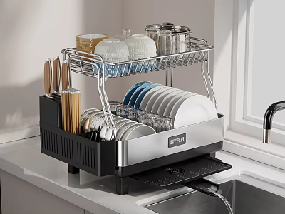 Stainless Steel Dishware Set Organizer With Plates Bowls Cups And Utensils On Kitchen Countertop 3d model