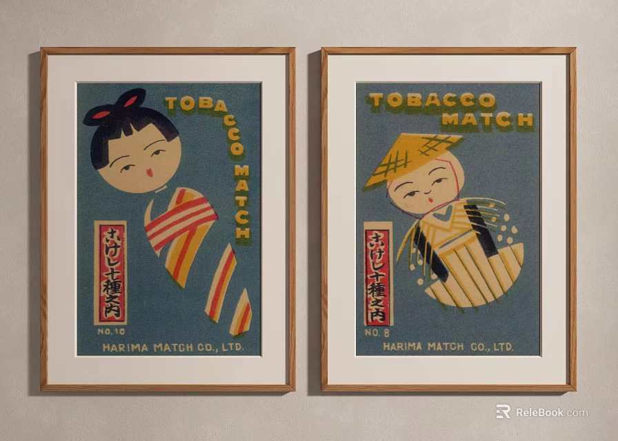 Vintage Japanese Tobacco Match Posters With Female Figures And Nippon Co Ltd 3d model 