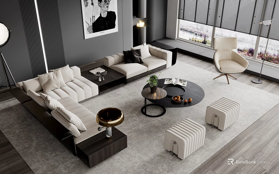 Modern Sofa Coffee Table Set With Light Upholstery Round Black Table Accent Stools And Plants 3d model