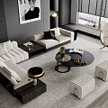 Modern Sofa Coffee Table Set With Light Upholstery Round Black Table Accent Stools And Plants 3d model
