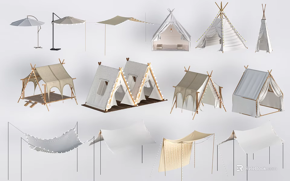 Diverse Stylish Canvas Tents With Tepee Windowed Designs And Outdoor Shade Structures 3d model 