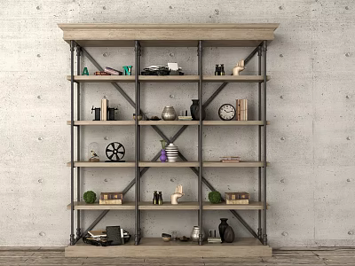 Industrial Modern Bookcase with Metal Frame Wooden Shelves Books Decorative Items Clock and Vases 3d model