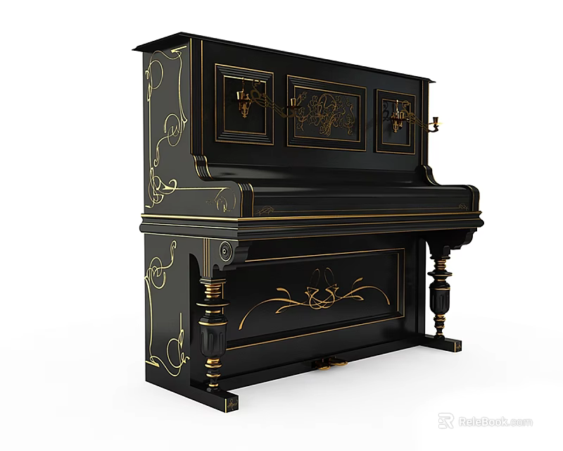 Classic Black Piano With Intricate Gold Decorative Patterns And Ornate Carved Legs 3d model 
