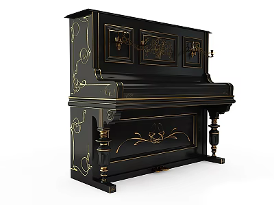 Classic Black Piano With Intricate Gold Decorative Patterns And Ornate Carved Legs 3d model