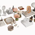 Modern Neutral Tones Decorative Ornament Set With Pink Flowers Vases And Geometric Shapes