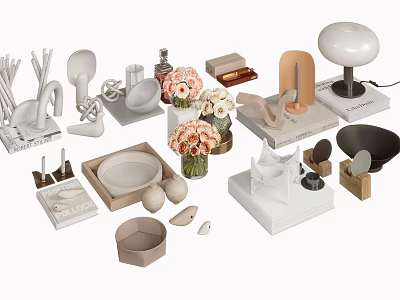 Modern Neutral Tones Decorative Ornament Set With Pink Flowers Vases And Geometric Shapes 3d model