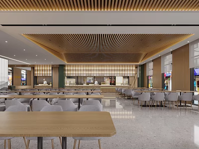 Modern Cafeteria Interior With Wooden Ceiling And Chairs 3d model