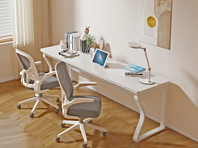 Modern White Desk With Two Gray Chairs Laptop Desk Lamp Books Plant On Wooden Floor 3d model