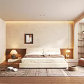 Cozy Bedroom With Textured Beige Walls Framed Artwork Bedside Lamps Wooden Flooring And Area Rug