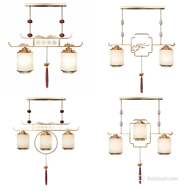 Traditional Chinese Style Chandeliers With Lantern Shades Wooden Frames And Tassels 3d model 