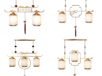 Traditional Chinese Style Chandeliers With Lantern Shades Wooden Frames And Tassels 3d model