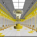 Shopping Mall Store Interior With Yellow White Design Neatly Arranged Shops Central Circular Structure And Skylight Ceiling