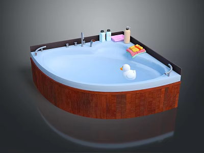 Stylish Curved Bathtub With Wooden Frame Rubber Duck And Bath Products 3d model