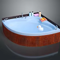 Stylish Curved Bathtub With Wooden Frame Rubber Duck And Bath Products