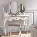 White Dressing Table With Triple Mirrors Drawers Pink Padded Stool And Paneled Walls