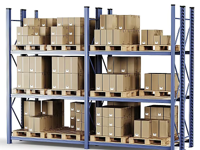 Metal Warehouse Storage Shelves With Multiple Levels Holding Cardboard Boxes On Pallets 3d model