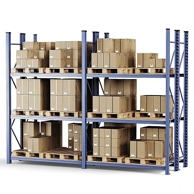 Metal Warehouse Storage Shelves With Multiple Levels Holding Cardboard Boxes On Pallets 3d model