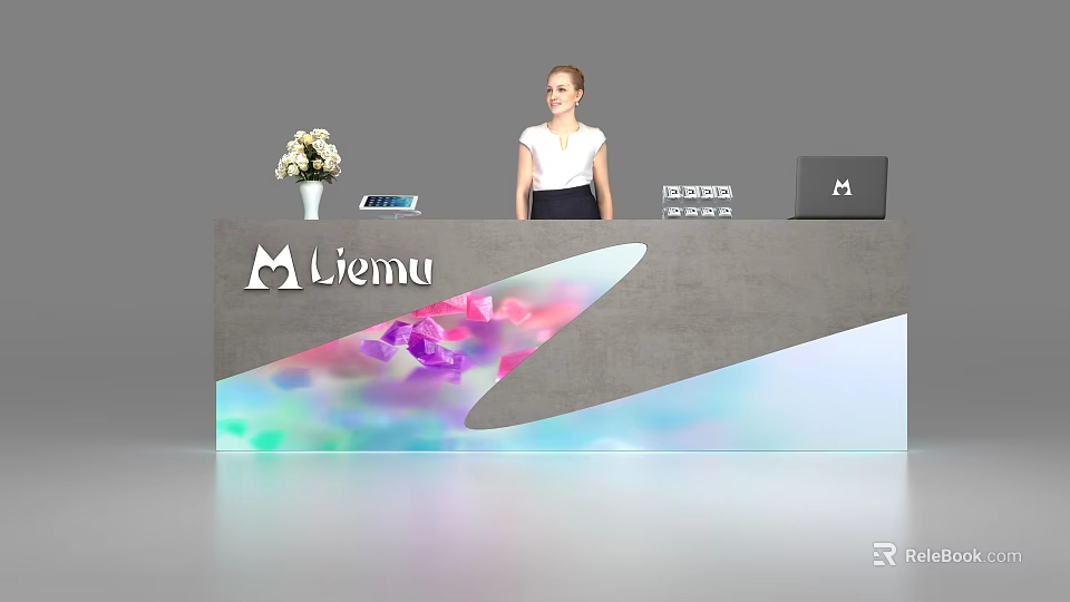 Modern Liemu Reception Desk With White Flower Vase Laptop And Colorful Design 3d model 