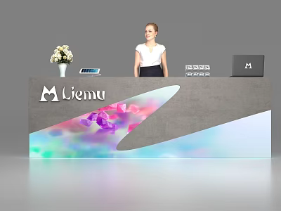 Modern Liemu Reception Desk With White Flower Vase Laptop And Colorful Design 3d model