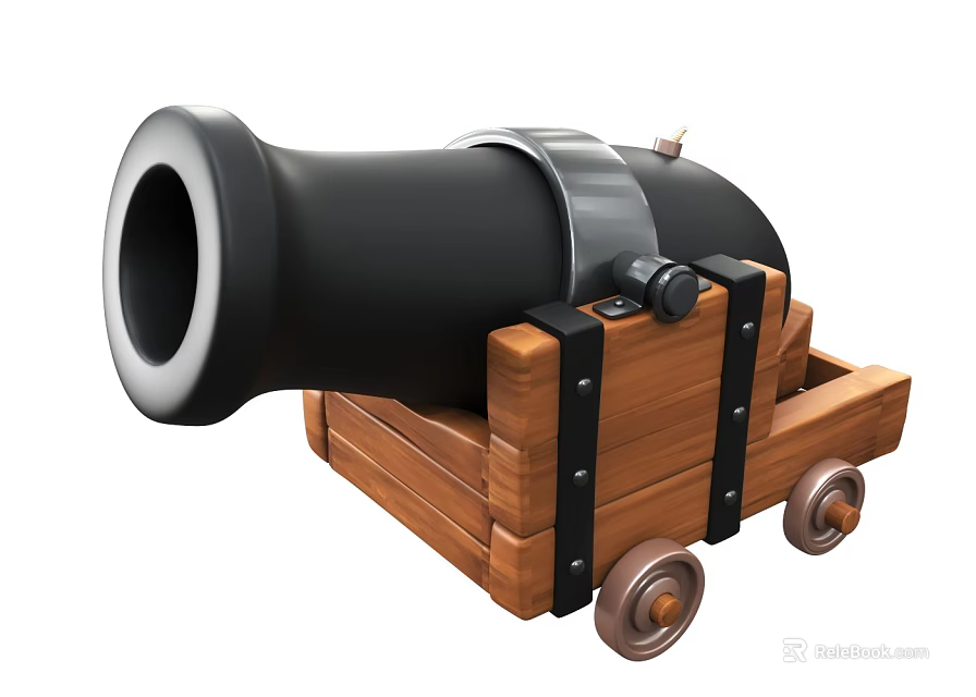 Classic Medieval Cannon Weapon with Black Barrel Wooden Carriage and Wheels 3d model 