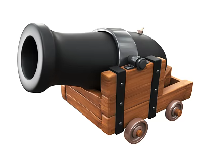 Classic Medieval Cannon Weapon with Black Barrel Wooden Carriage and Wheels 3d model