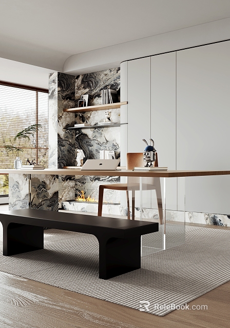 Modern Study Room with Wooden Desk Floating Shelves Marble Wall Books and Large Window 3d model 