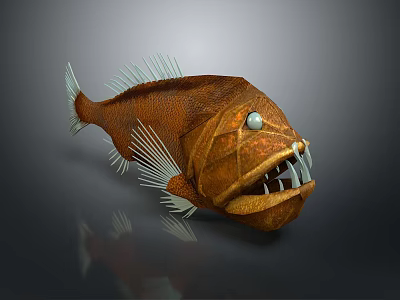Brown Aquatic Fish With Large Eyes Sharp Teeth And White Fins 3d model