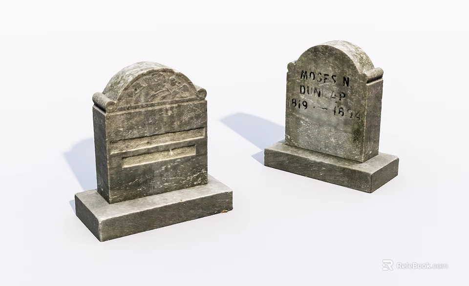 Stone and Wood Memorial Tombstones Featuring Carved Details and Name Inscriptions 3d model 