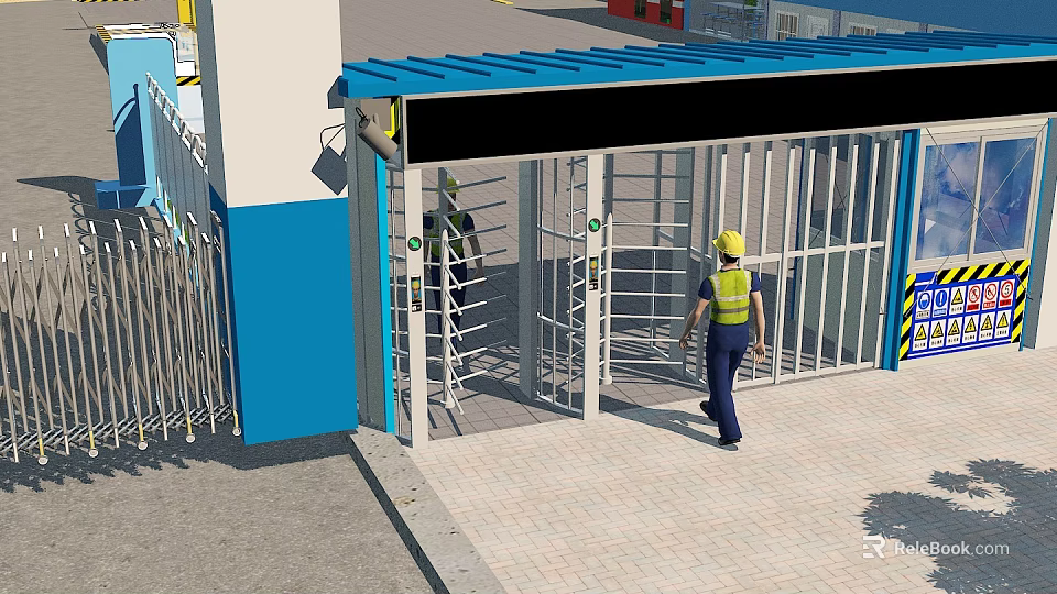 Industrial Turnstile Entrance With Worker In Yellow Hard Hat Near Blue Building 3d model 