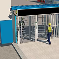 Industrial Turnstile Entrance With Worker In Yellow Hard Hat Near Blue Building