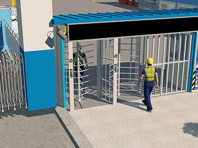 Industrial Turnstile Entrance With Worker In Yellow Hard Hat Near Blue Building 3d model