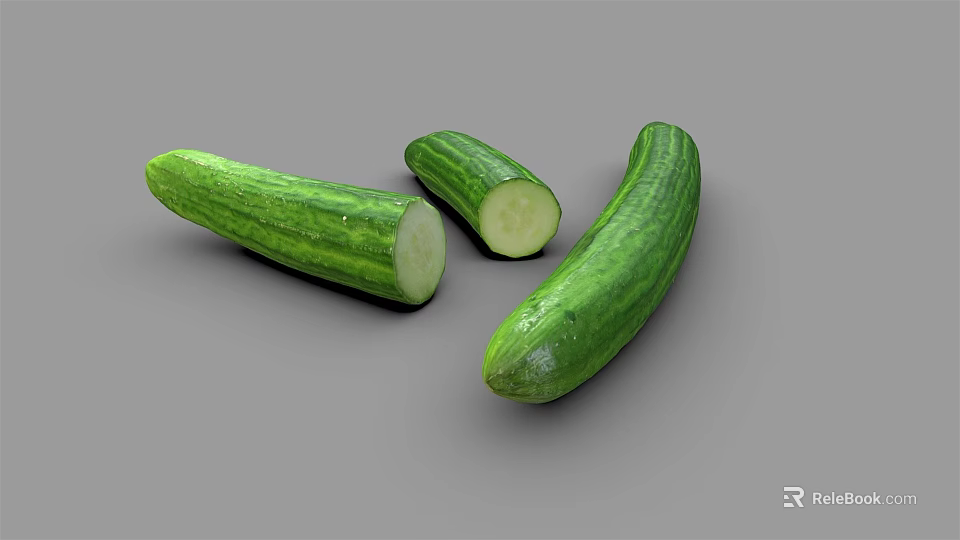 Fresh Green Cucumbers Whole And Sliced Showing Crisp Interior On Gray Background 3d model 