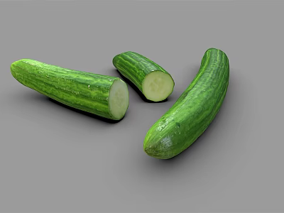 Fresh Green Cucumbers Whole And Sliced Showing Crisp Interior On Gray Background 3d model
