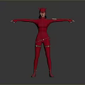 Red Catsuit Costume With Cat Ear Headpiece And Arms Outstretched Standing Pose