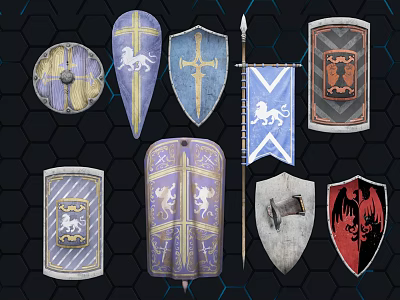 Medieval Weapons Featuring Shields Banner Axe With Lion Emblems And Ornate Patterns 3d model