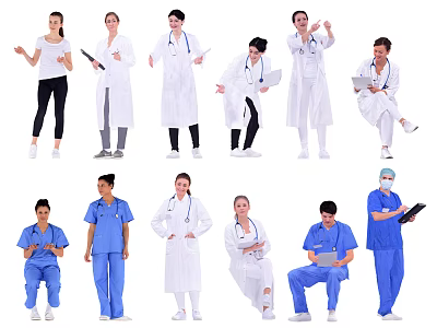 Diverse Medical Staff In Professional Attire With Stethoscopes And Clipboards 3d model