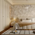 Elegant Bedroom Interior with Patterned Wallpaper Chandelier Bedside Table and Cozy Rug